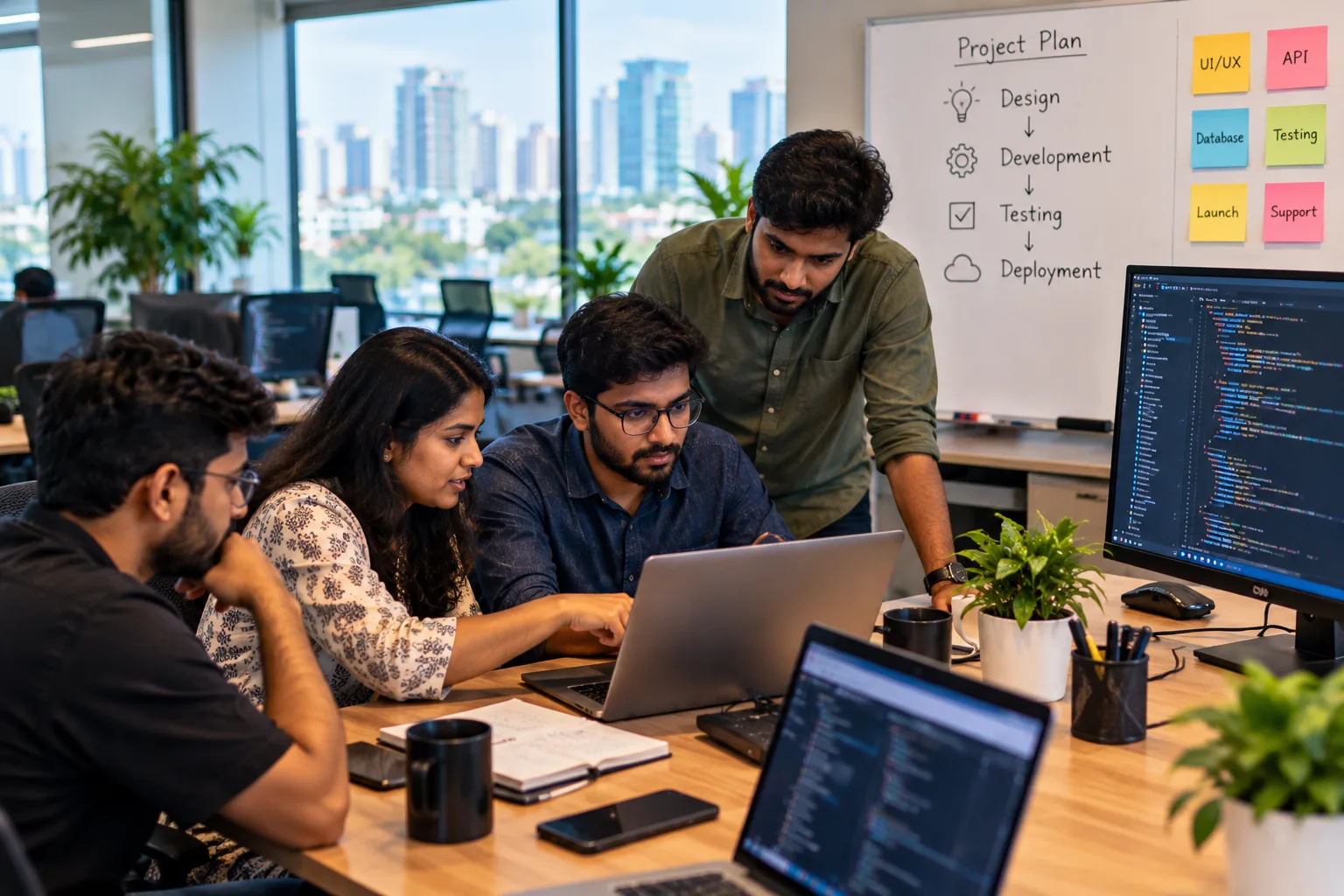 Software developers collaborating on a project in a modern office