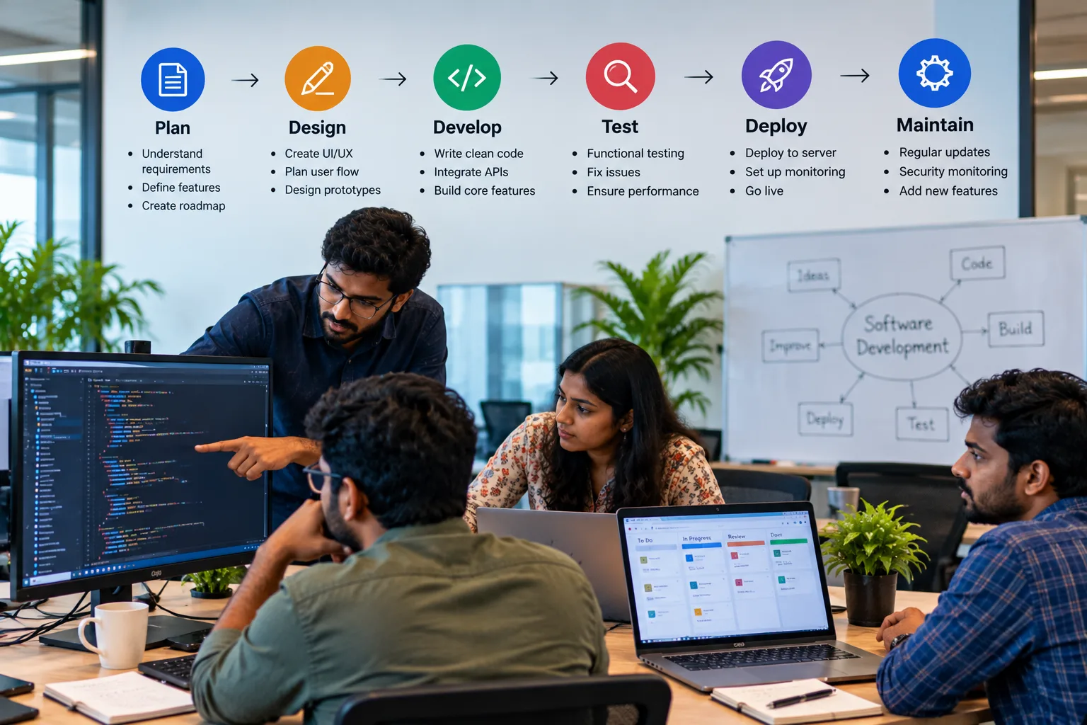 Software development process showing planning, design, coding, testing, deployment, and maintenance
