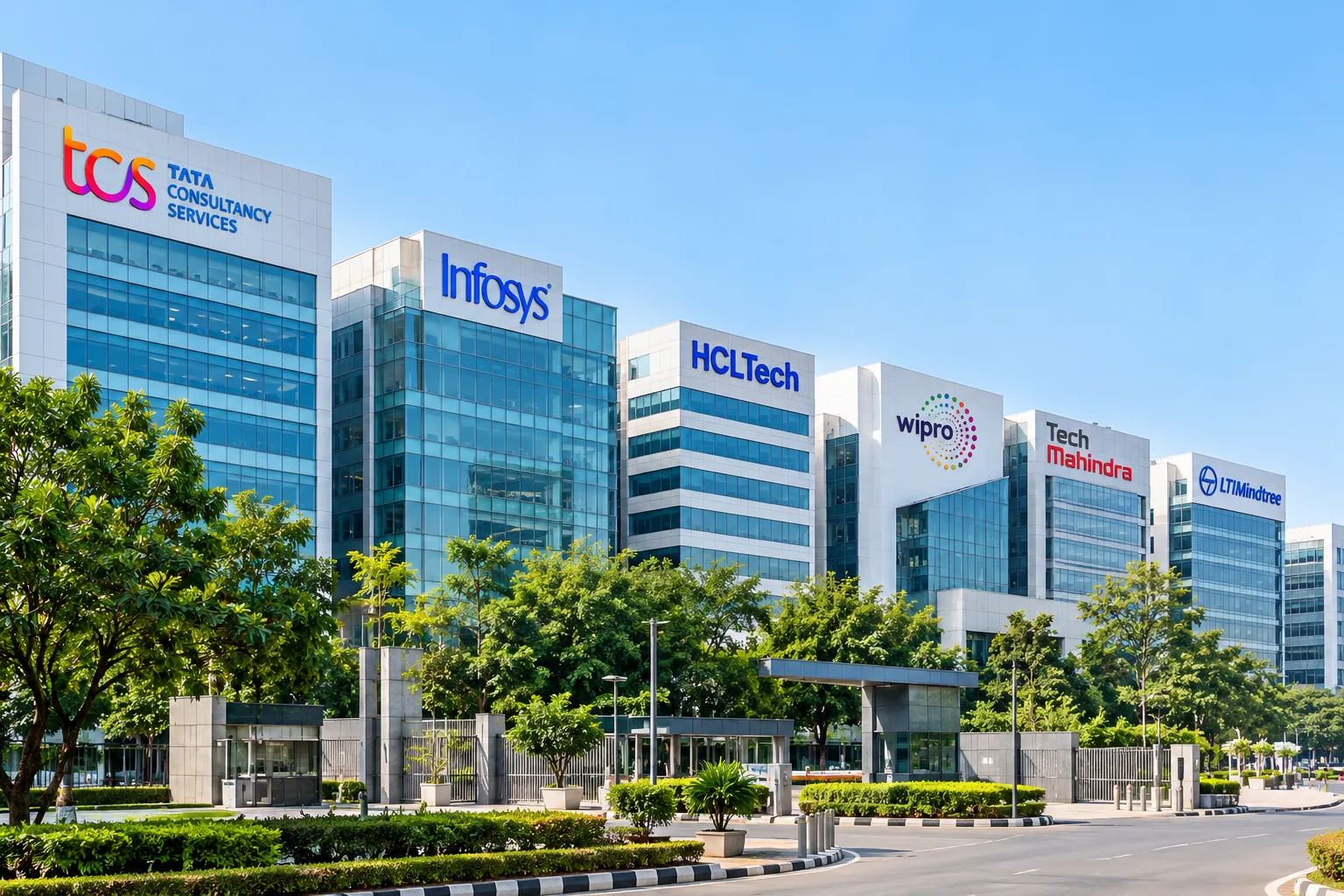 Office buildings of leading software companies in India, including TCS, Infosys, HCLTech, Wipro and Tech Mahindra